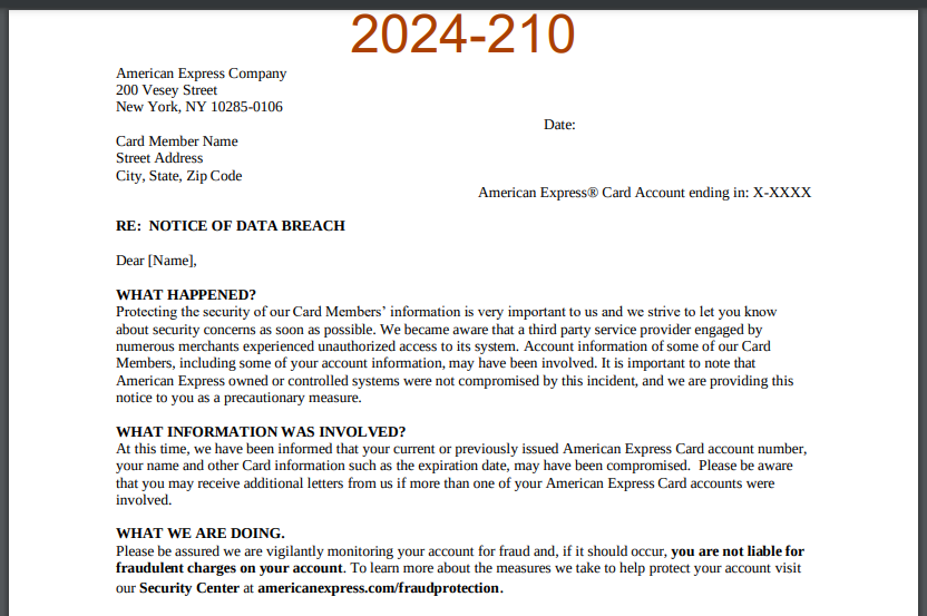 Screenshot of American Express Breach Notice
